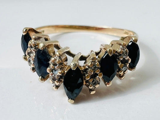 Vintage 9ct Gold Sapphire & Diamond Wishbone / Chevron Ring