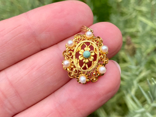 Vintage 9ct Gold Turquoise & Pearl Pendant