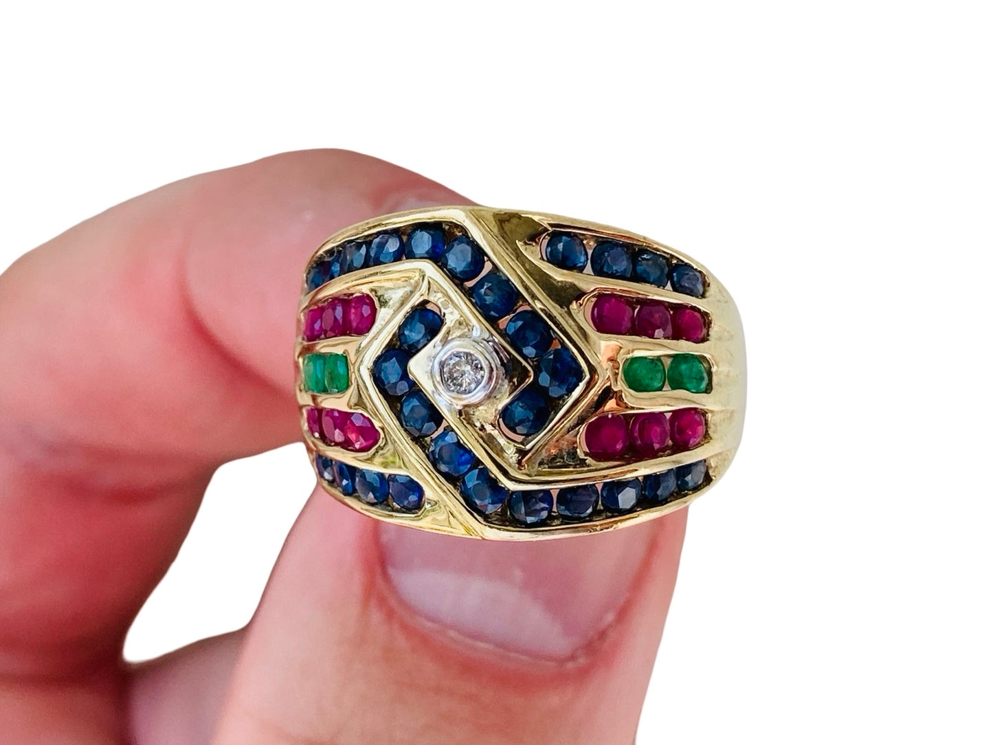 9ct Gold Sapphire, Ruby, Emerald & Diamond Ring