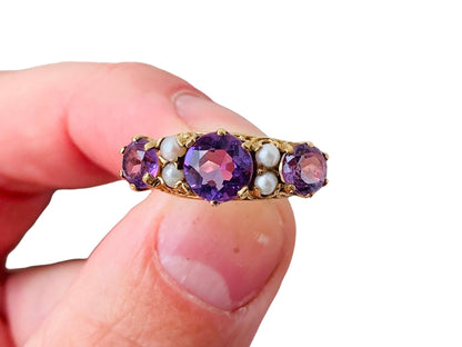 Vintage 9ct Gold Amethyst & Pearl Ring