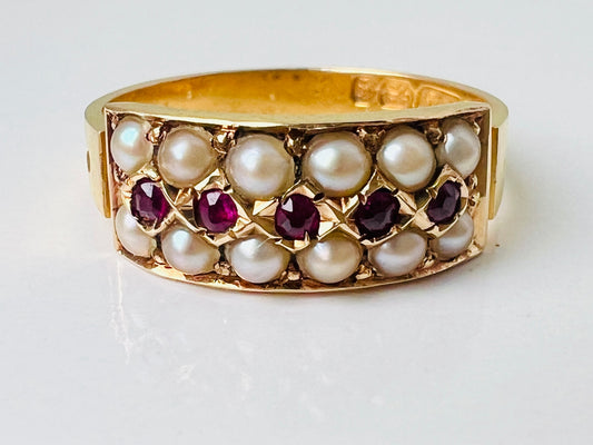 Antique Victorian 15ct Gold Ruby & Pearl Ring