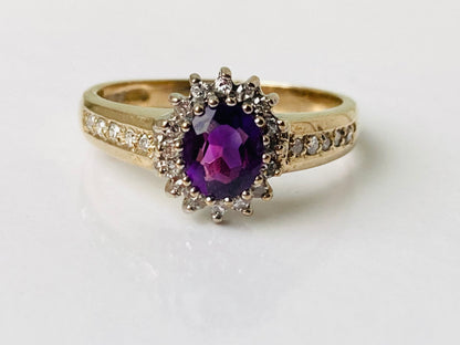 Vintage 9ct Gold Amethyst & Diamond Ring