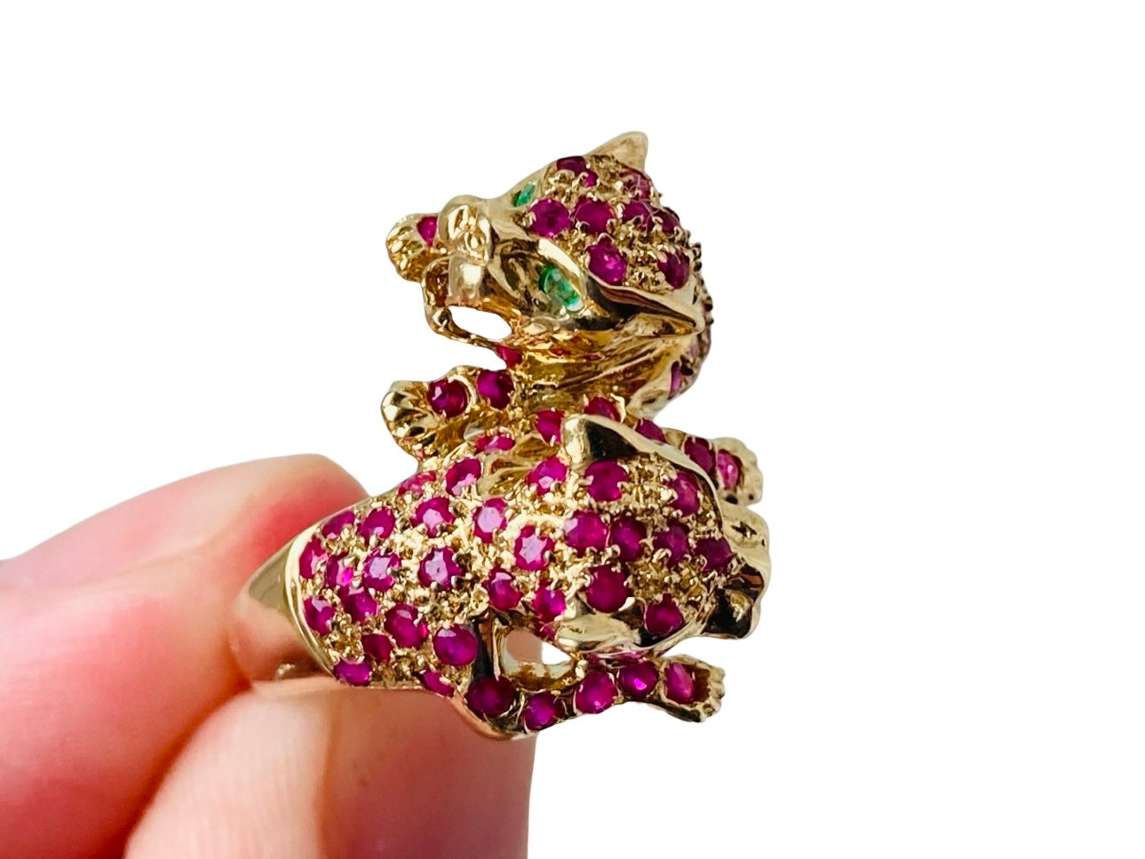 9ct Gold Ruby & Emerald Double Panther Ring