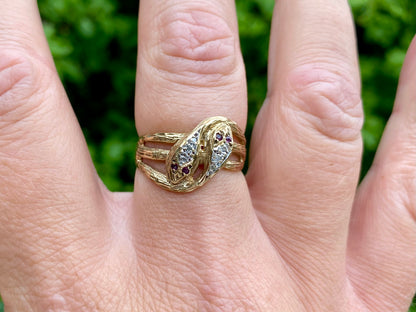 Vintage 9ct Gold Ruby & Diamond Snake Ring