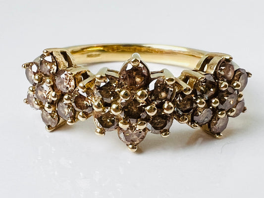 9ct Gold Champagne Triple Diamond Daisy Ring