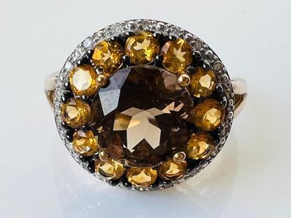 9ct Gold Smoky Quartz, Citrine & Diamond Ring