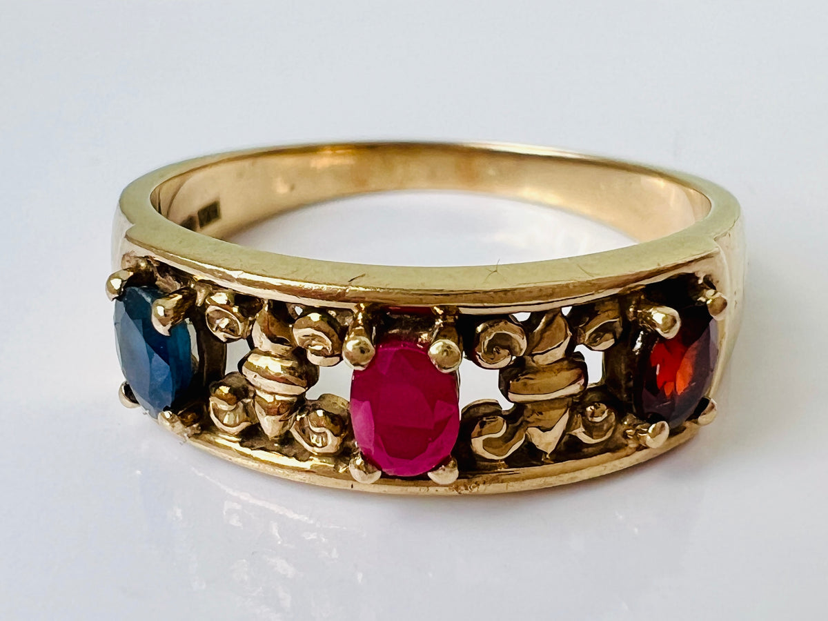 9ct Gold Sapphire, Ruby & Garnet Ring