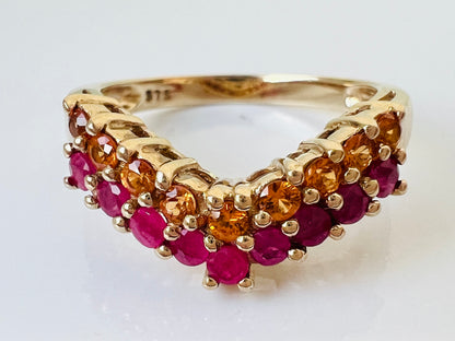 9ct Gold Ruby & Citrine Wishbone/Chevron Ring