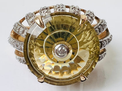 9ct Gold Lemon Quartz & Diamond Lehrer Ring