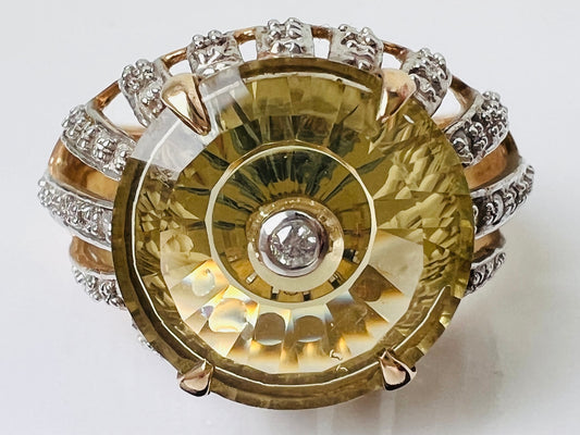 9ct Gold Lemon Quartz & Diamond Lehrer Ring